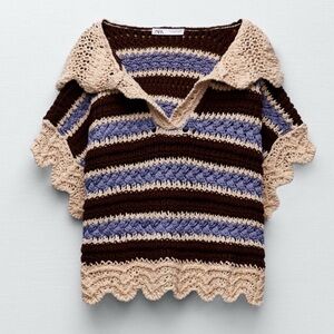 ZARA BOHO Women’s Striped Split Neck Hooded Crochet Knit Sweater Top Size S